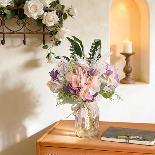 Fake Flowers with Vase, Artificial Pink & Purple Hydrangea Arrangement - color: Purple & Green