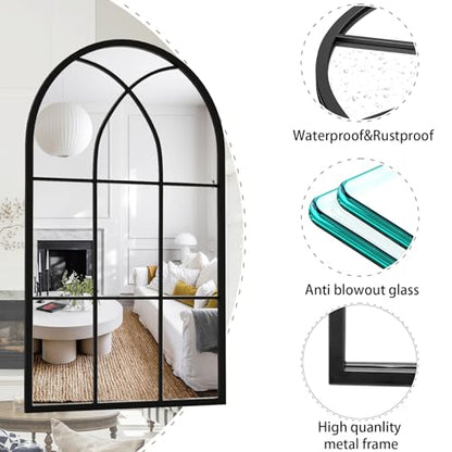 Rowjut Arched Top Window Glass Wall Mirror 42" x 24" Black Iron - color: Black-qm, size: 42"L x 24"W