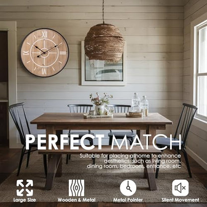 Large Farmhouse Wall Clock 24/30 Inch, Rustic Wooden Clock with Black Metal Frame, Silent Non-Ticking, Roman Numerals for Living Room Kitchen Bedroom - size: 24 inch