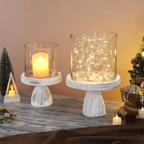 9" Wide Farmhouse Glass Hurricane Candle Holder & Glass Vase with Distressed White Sturdy Solid Wooden Base for Pillar & Flower Arrangement, Terrarium, Centerpiece, Console Table, Dining Table, Mantel - color: Rustic White, size: 9"x13.5"