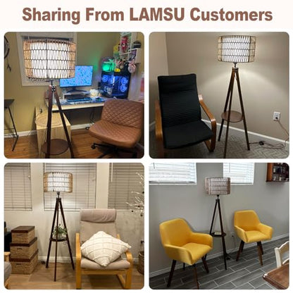 LAMSU Boho Tripod Floor Lamp with Shelves, Mid Century Wood Standing Lamp with Rattan & Fabric Shades, ON/Off Foot Switch, Modern Farmhouse Tall Floor Lamps for Living Room Bedroom Office - color: Walnut Brown