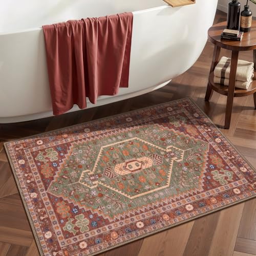 Ciicool 2x3ft Small Area Rug,Washable Boho Thin Mat for Entryway Kitchen - color: Terracotta/Green, size: 2' X 3' (Rectangular)