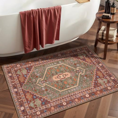 Ciicool 2x3ft Small Area Rug,Washable Boho Thin Mat for Entryway Kitchen - color: Terracotta/Green, size: 2' X 3' (Rectangular)