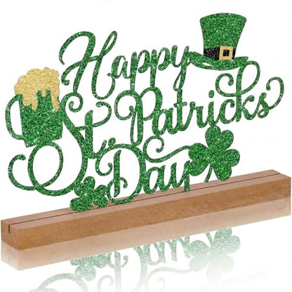 Yaocom 13.78 Inch St Patricks Day Decorations Metal Happy St Patricks Day Irish Shamrock Table Sign Decor with Wooden Base Lucky Clover Leprechaun Centerpiece Gift Decorations for Home Office - style: St. Patrick’s Day