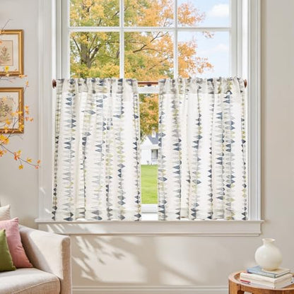 jinchan Dusty Blue Linen Kitchen Tier Curtains 24 Inch Modern Boho 2 Panels - color: Tribal | Dusty Blue on Linen, size: 26"W x 24"L (Pack of 2)