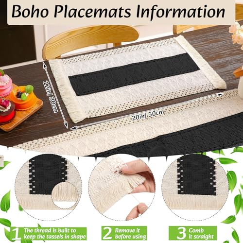 Boho Table Runner and Placemats Set, 6 Sets, Black A, 12x72 - color: Black a, size: 12x72"