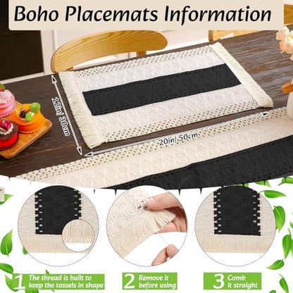 Boho Table Runner and Placemats Set, 6 Sets, Black A, 12x72 - color: Black a, size: 12x72"