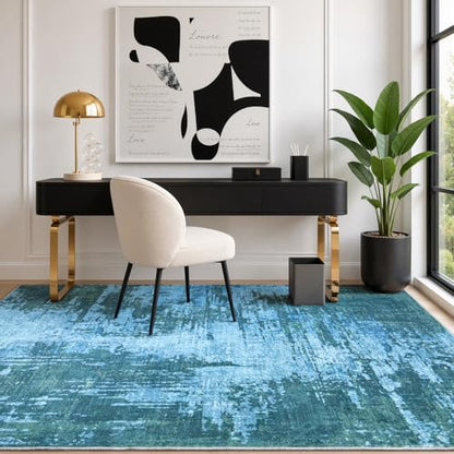 Merelax 4x6 Blue Washable Area Rug Non-Slip Faux Wool Abstract Carpet - color: Blue, size: 4' x 6'(48''x72'')