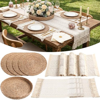Boho Table Runner and Placemats Set, 4 Sets, Beige, 12x72 - color: Beige, size: 12x72"