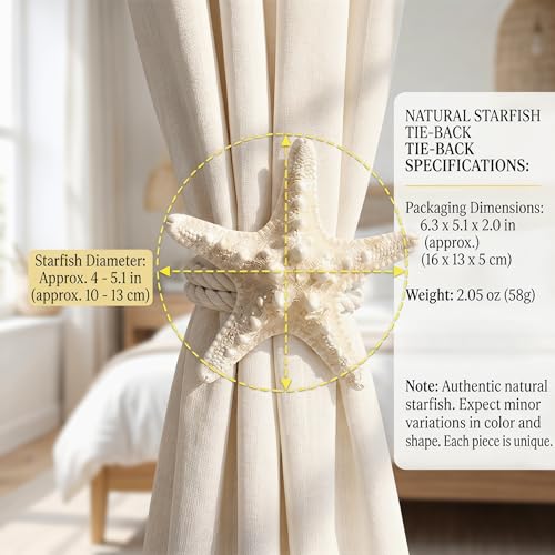 2 Pack Natural Starfish Rope Curtain Tiebacks Holdbacks, Hand Woven Cotton Curtain Ties, Coastal Nautical Decor for Sheer & Outdoor Curtains, Bedroom Bathroom Wedding Drapery Accessories