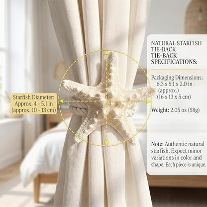 2 Pack Natural Starfish Rope Curtain Tiebacks Holdbacks, Hand Woven Cotton Curtain Ties, Coastal Nautical Decor for Sheer & Outdoor Curtains, Bedroom Bathroom Wedding Drapery Accessories