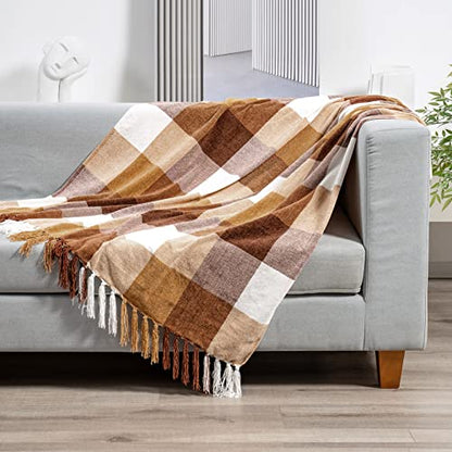RECYCO Buffalo Plaid Chenille Throw Blanket, 50"x60", Brown Off White - color: Plaid Brown Off White, size: 50'' X 60''