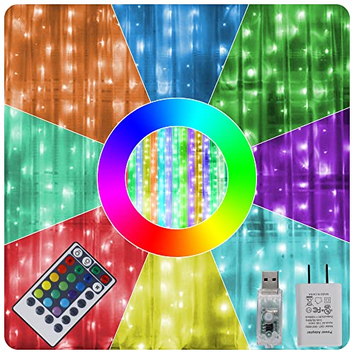 HOME LIGHTING Window Curtain String Lights, 300 LED RGB 16 Colors Changing Fairy Lights, 4 Modes with Remote, USB & Adapter Powered for Halloween Christmas Party Wedding Home Garden Wall Decorations - color: RGB 16 Colors Changing