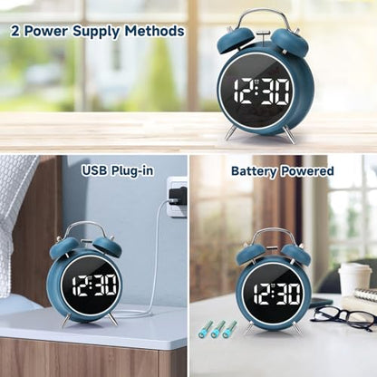 Digital Small Alarm Clock, 4.5 Inch Double Bell Electronic LED Alarm Clock - color: Blue