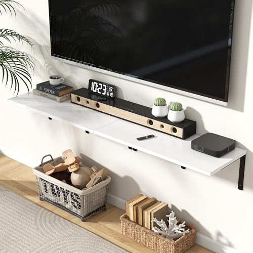 Fun Memories Floating Shelves for Wall, 12 Inch Deep Floating Shelves Set of 2, Wall Mounted Shelf with Metal Brackets, Rustic Wood Wide Shelf for Bathroom, Kitchen and Living Room, White, 32W x 12D - color: White | L Bracket, size: 31.5"L x 12"D