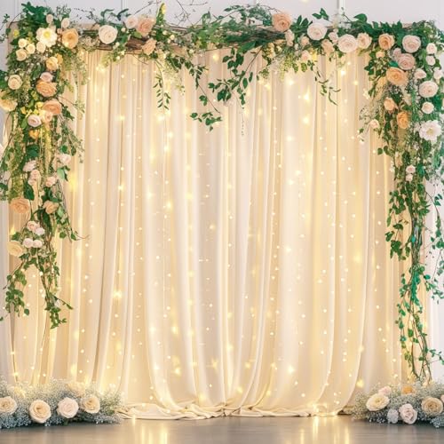 10 x 10 Champagne Backdrop Curtains with Lights String for Party - color: Champagne, size: W5' x H10'(2 panels)