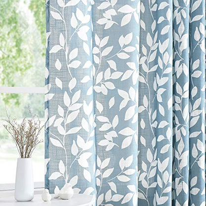Blue White Sliding Door Curtains 100x84" Linen Leaf Drapes Living Room 1pc - color: Blue, size: 100"W x 84"L (Pack of 1)