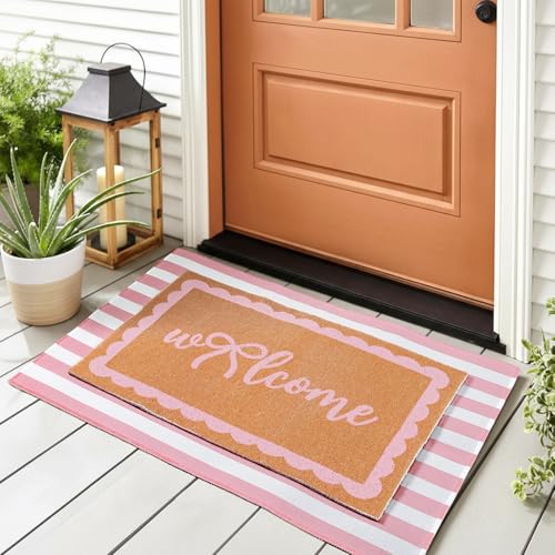 Tinideya 2 Pcs Pink Welcome Mats for Front Door Pink Stripe Layered Doormat - color: Pink