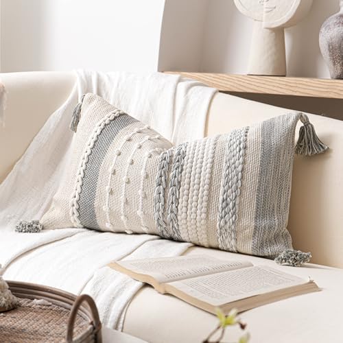 BlissBlush Gray Decorative Lumbar Pillow Cover 12x20, Grey Boho Long Body Pillow for Bed, Farmhouse Lumbar Throw Pillow for Couch, Modern Accent Textured Throw Pillowcase - color: Gray White, size: 20" x 12" (Pack of 1)