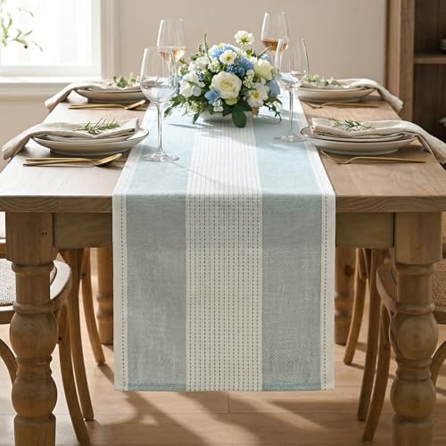 Artoid Mode Ice Blue Farmhouse Rustic Table Runner, Seasonal Macrame Fabric Kitchen Dining Holiday Wedding Table Decor for Home Party 13x60 Inch - color: Ice Blue, size: 13" x 60", Table Runner