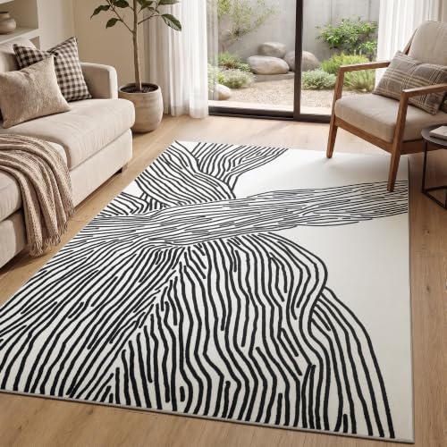 YIHOUSE 5×7Ft Area Rugs, Abstract Washable Rug, Modern Black and White Rug for Bedroom Living Room Dining Room Office Playroom Nursery, Nonslip Throw Non-Shedding Thin Contemporary Striped Rugs - color: Modern Lines Beige, size: 5' x 7' (Rectangular)