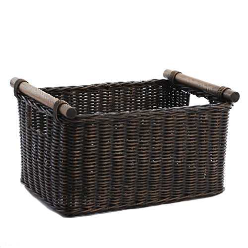 The Basket Lady Pole Handle Wicker Storage Basket, M, Walnut Brown - color: Antique Walnut Brown, size: Medium