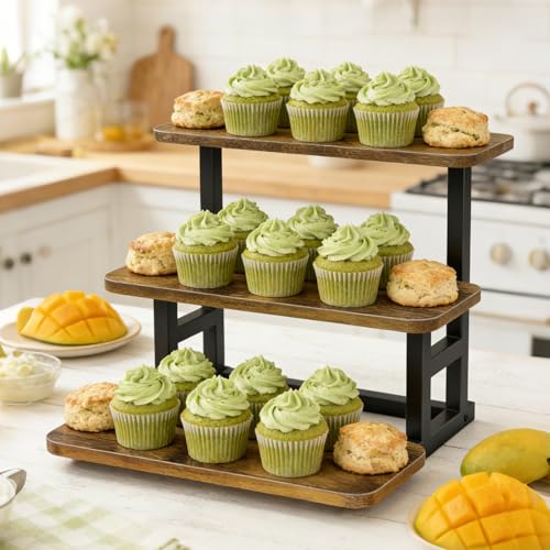 Lilybud--lily 3 Tier Cupcake Stand, Wooden Risers Display Stands Stepped Dessert Table Display Set with Metal Frame Tiered Tray Stand Serving Trays for Party Farmers Market Display 2 Pack - size: 3 Tier - 2 Pack