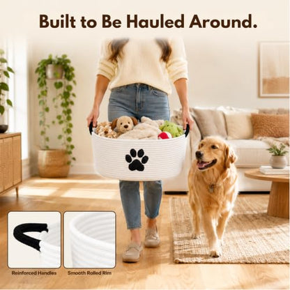 Dog Toy Basket with Handles, Cotton Rope Storage Bin Organizer for Pets - color: White/Black
