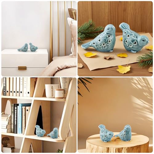 Ceramic Bird Figurines Set of 2, Blue Bird Decor for Shelf Table Desk