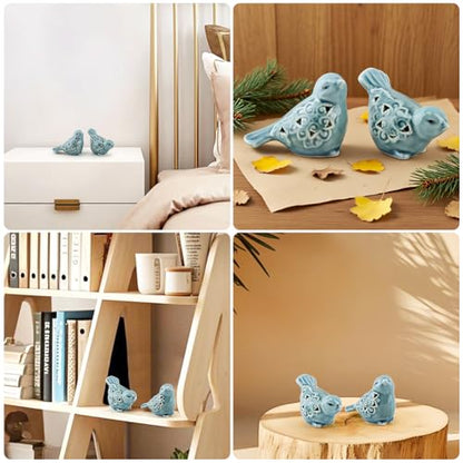 Ceramic Bird Figurines Set of 2, Blue Bird Decor for Shelf Table Desk