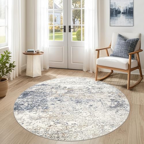 DMOYEST 5ft Round Area Rug Living Room Rugs - 5x5 Washable Large Soft Indoor Neutral Modern Abstract Low Pile Rug Carpet for Bedroom Dining Room Farmhouse Home Office - Beige Blue - color: Beige Blue, size: 5' (Round)