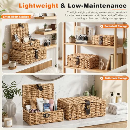 Storage Boxes with Lids, Set of 2 Water Hyacinth Wicker Baskets, Decorative Boxes for Home Decor, Coffee Table, Console Table and Bedroom, Magnetic Closures, Natural