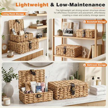 Storage Boxes with Lids, Set of 2 Water Hyacinth Wicker Baskets, Decorative Boxes for Home Decor, Coffee Table, Console Table and Bedroom, Magnetic Closures, Natural