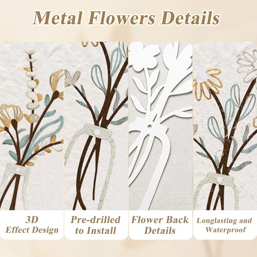 Embewhis Metal Wall Art Flowers 3pcs, Rustic Farmhouse Flower Sculptures, 13.7" Wall Art Decor, Drill-Free Install Option for Living Room, Kitchen, Bedroom & Bathroom - size: A