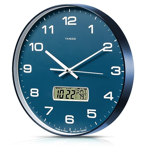 TIMESS Wall Clock, 14" Large Dial Non-Ticking Silent Battery Operated Analog with LCD Display for Perpetual Calendar and F° Temperature, Ideal Modern Home, Bedroom, Kitchen, Office Decor (Blue) - color: Blue, size: 14 Inch