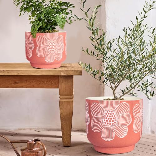 Ceramic Plant Pots, 8+6 Inch, 2 Pcs Indoor Planters with Drainage Holes - color: Mordern Red Floral, size: 8+6 Inch