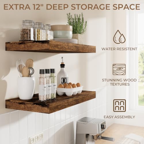 RICHFOCUS 72Inch Floating Shelves for Wall 2Pack|Rustic Brown|12" Deep - color: Rustic Brown, size: 72"L x 11.6"D, Set of 2