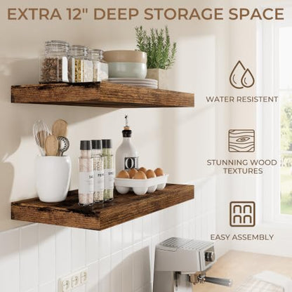 RICHFOCUS 72Inch Floating Shelves for Wall 2Pack|Rustic Brown|12" Deep - color: Rustic Brown, size: 72"L x 11.6"D, Set of 2