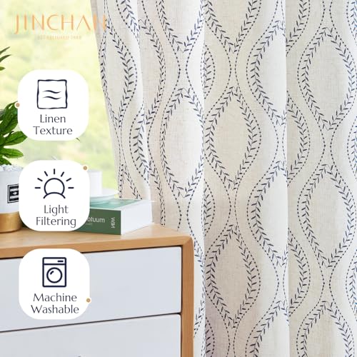 jinchan Boho Linen Curtains 63 Inch Blue on Beige Grommet 2 Panels - color: Vine Blue, size: 50"W x 63"L (Pack of 2)