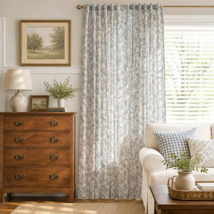 Lazzzy Extra Long Blue Floral Linen Curtains Farmhouse Rod Pocket 2 Panels - color: Blue on Beige, size: 50"W x 108"L (Pack of 2)