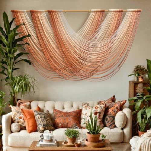 Macrame Wall Hanging Orange Boho Fiber Art Large Decor 57"W*31"L - color: Orange