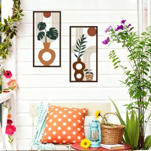 3 Pcs Boho Metal Wall Art, Mid Century Abstract Plant Vase Wall Decor - color: Earthy Tone