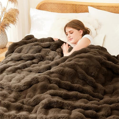 L'AGRATY Faux Rabbit Fur Throw Blanket for Couch, 60'' x 80'', Cocoa Brown - color: Cocoa Brown, size: 60" x 80"