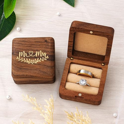KWOOD Custom Wooden Wedding Ring Box for 2 Rings, Engraved Mr & Mrs Double Ring Holder for Wedding Ceremony Ring Bearer Box Anniversary Birthday Gift Ideas - style: G-Mr & Mrs 02