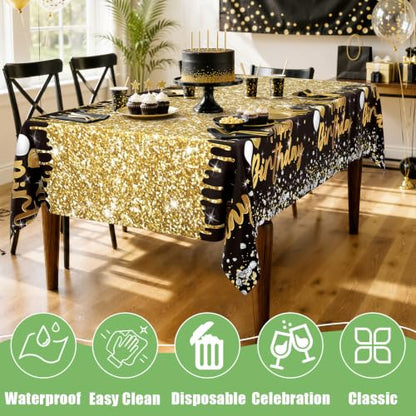 Smiry Disposable Rectangle Plastic 54 x 108 Inch Table Cloth 3 Pack - color: Black in Gold