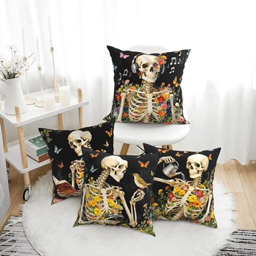 Skull Throw Pillow Covers 18 X 18 Inch Set of 4 Decorative Cushion Cover Home Decor for Sofa Chair Couch Bedroom Living Room - color: Skull