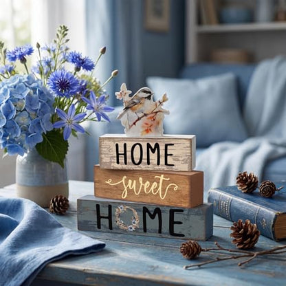 Cinnvoice 4 Pcs Chickadee Wooden Block Decor Farmhouse Tiered Tray Signs - style: Poppy Tit
