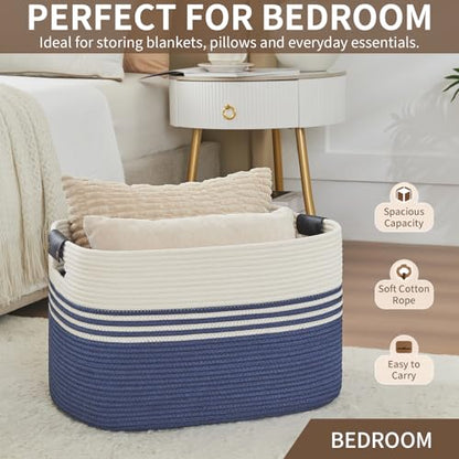 Laundry Hamper with Handles, 72L Rope Laundry Basket, Dark Blue & White - color: Dark Blue & White, size: 72L