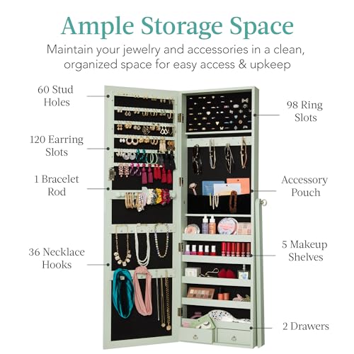 Best Choice Products Freestanding Jewelry Armoire Cabinet, Full Length Standing Mirror, Lockable Makeup Storage Organizer, w/Velvet Lining, 3 Angles, Lock, Accessory Pouch, 5 Shelves - Sage - color: Sage