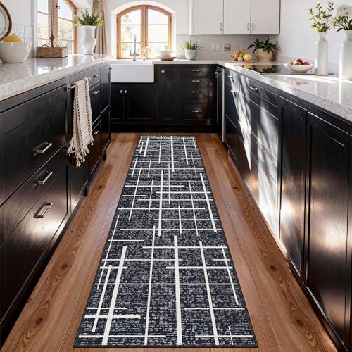 Non Slip Hallway Runner Rug 2x8,Modern Distressed Stripe, Washable Long Rug, Woven Thin Low Pile Carpet Runners for Hallway 10ft Entryway, Kitchen, Walkway- Midnight Black - color: Striped-black/White, size: 2' x 8' (Runner)